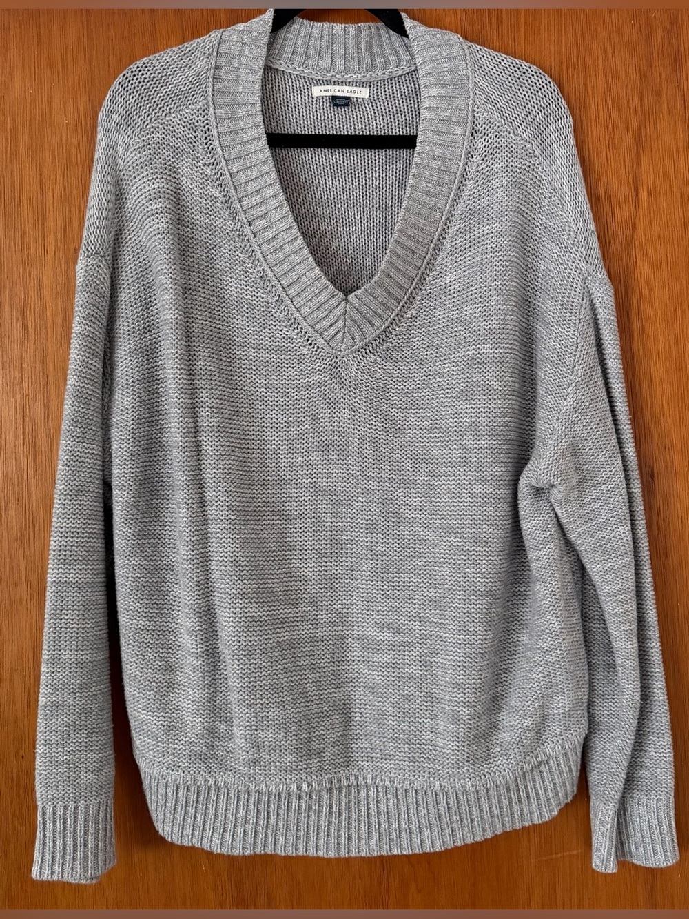 American Eagle Outfitters Light Gray V-Neck Oversized Knit Sweater